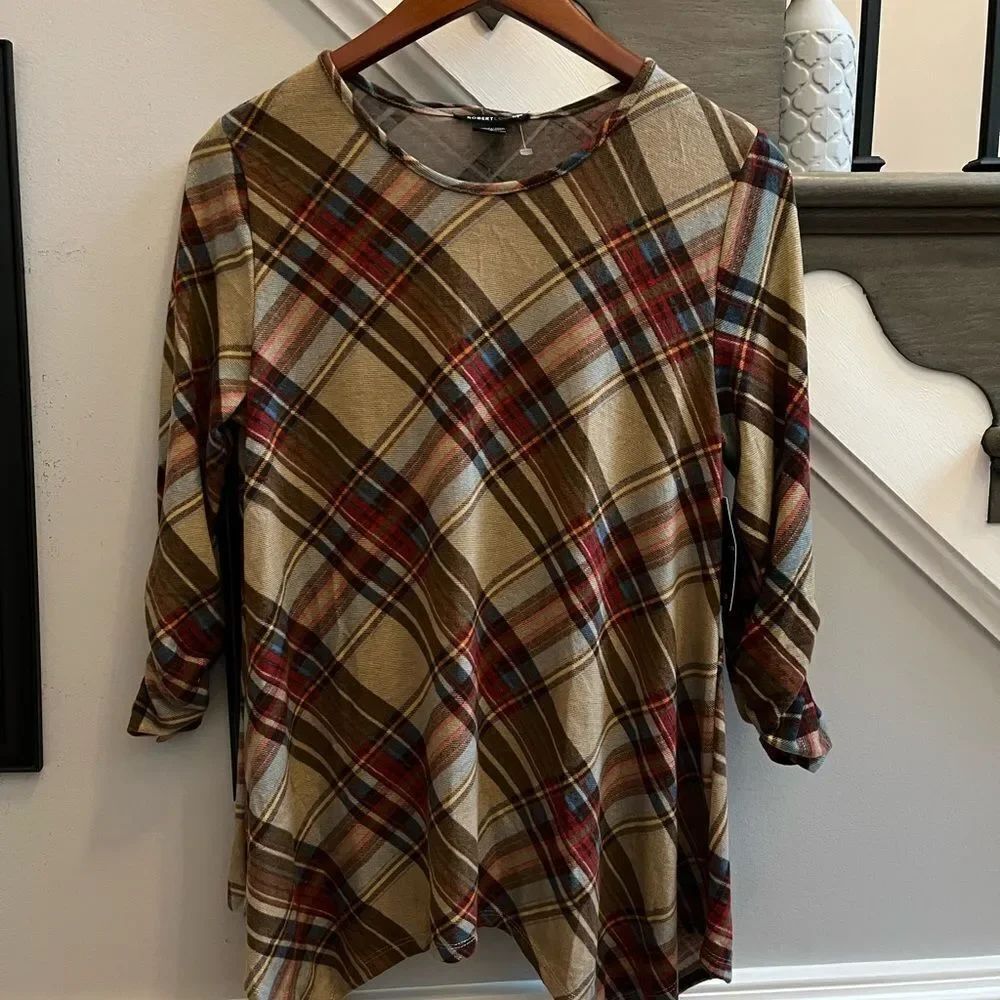 Robert Louis Soft Brown Plaid Removable Cowl Neck Tunic Top sz S NWT